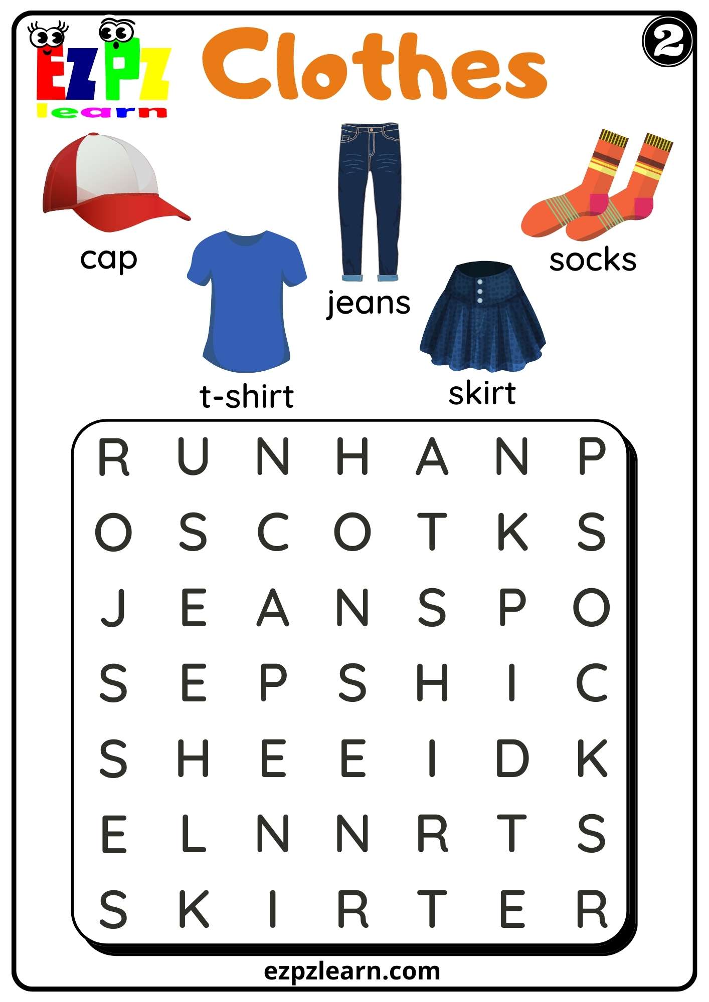 Clothes Word Search Worksheet for Kindergarten K5 and ESL set 2